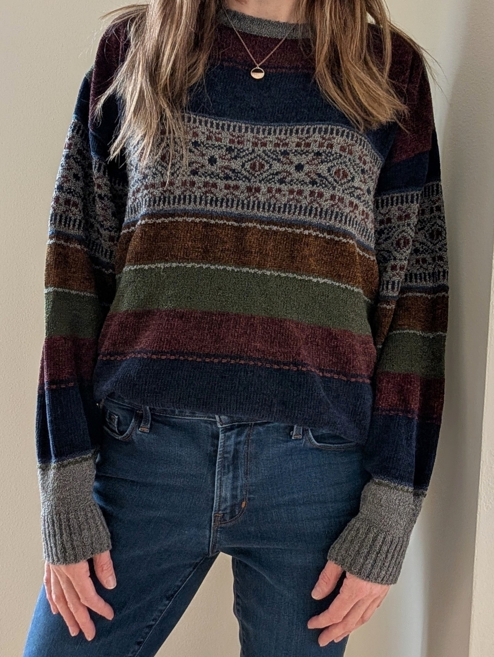 Vintage 90's Fair Isle Striped Abstract Geometric Crewneck Sweater In Navy/Gray